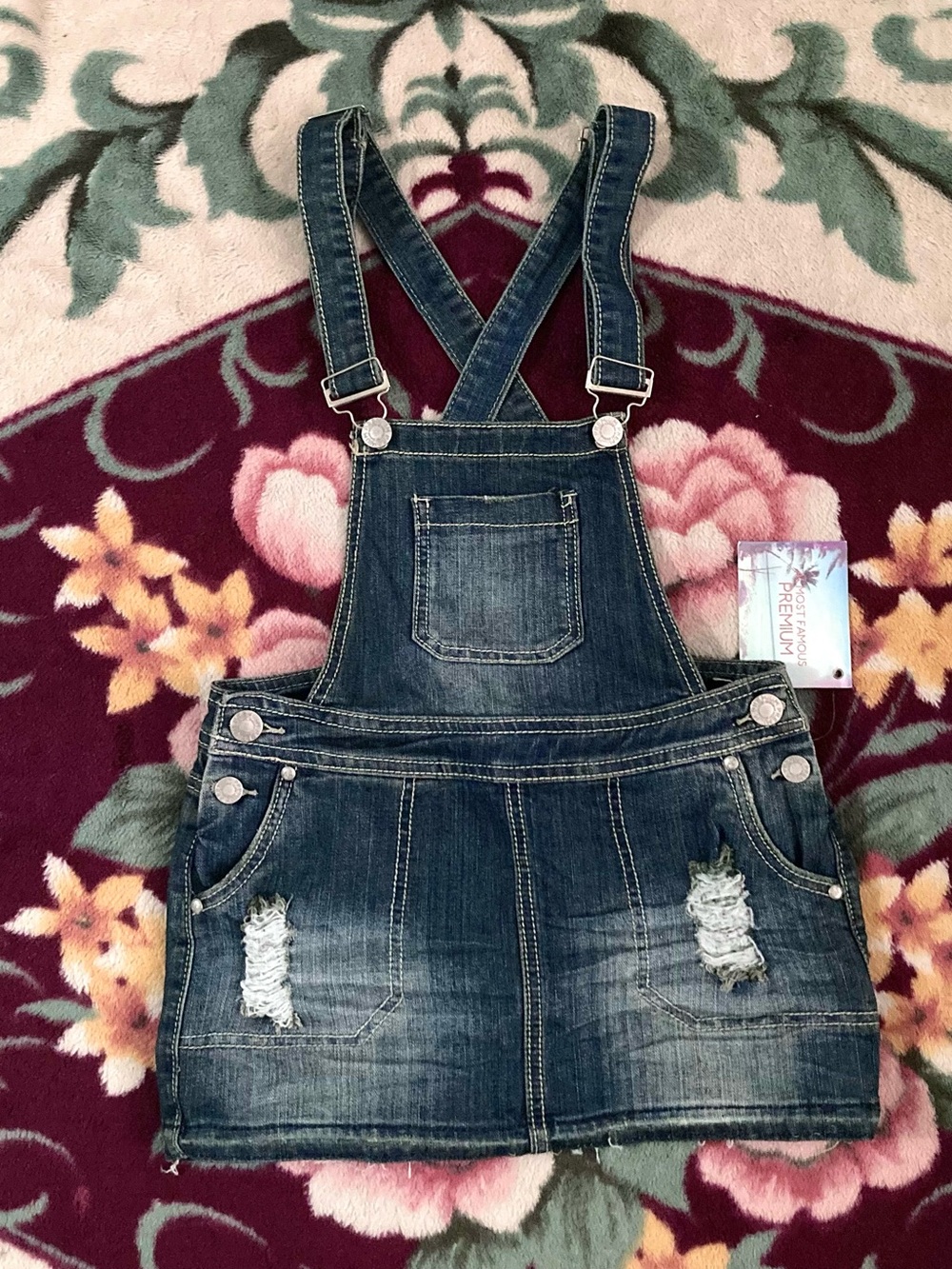 Almost Famous Distressed Dark Blue Denim Overall Skirt size 5 nwt jeans bottom